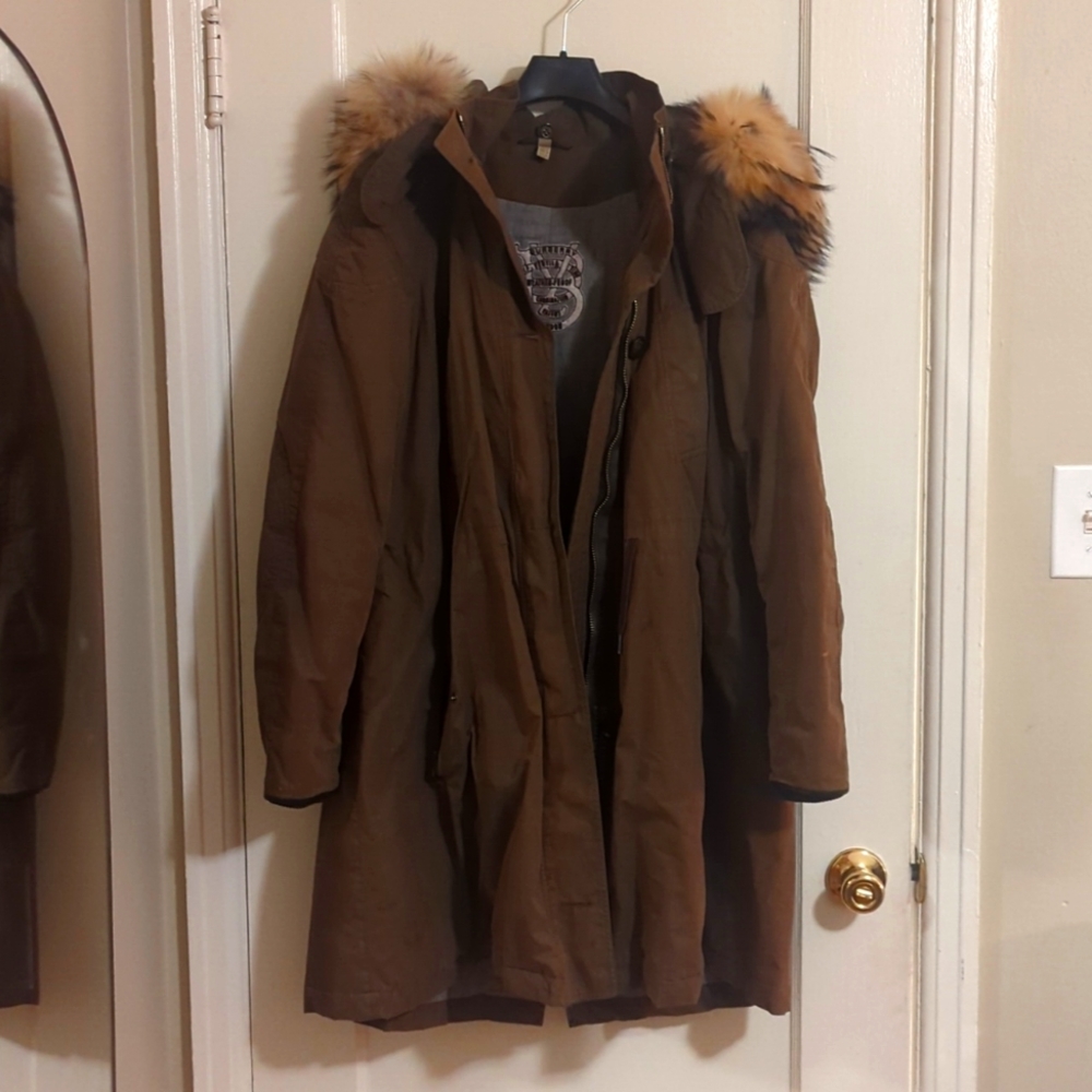 Burberry Green Parka with Real Fur Detachable Collar